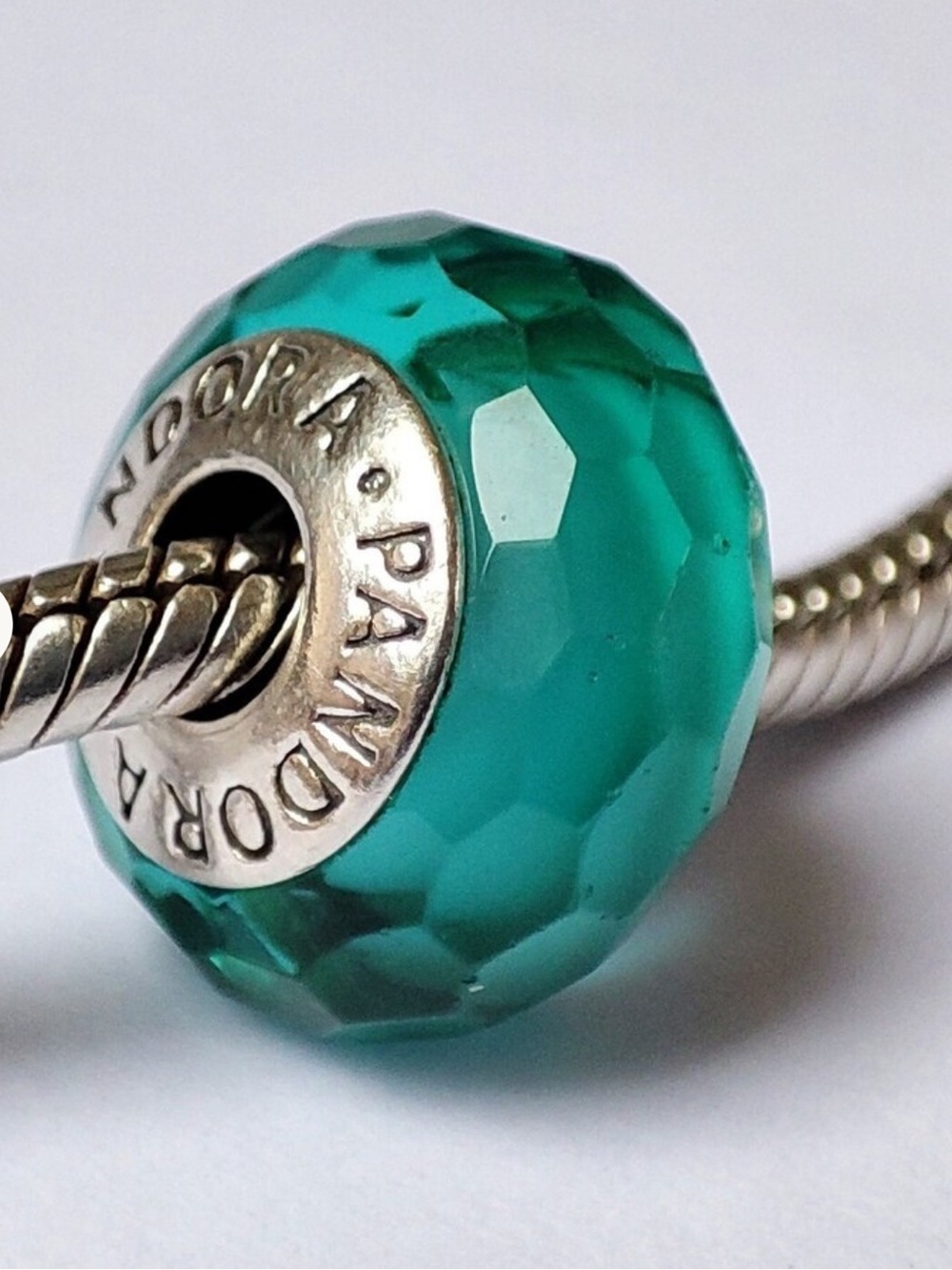 Authentic Pandora Teal Blue Faceted Murano Glass Sterling Silver Charm